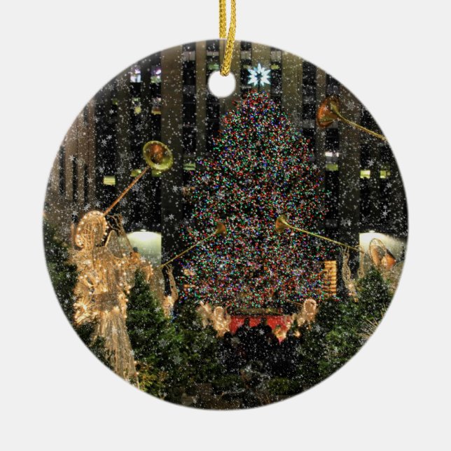 Ornamento De Cerâmica NYC Rockefeller Center Xmas Tree Caindo Neve (Frente)