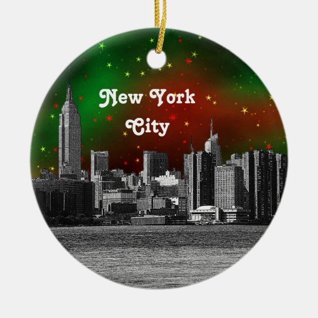 Ornamento De Cerâmica NYC Skyline Etchou ESB Vermelho e Verde Starry Xma (Frente)