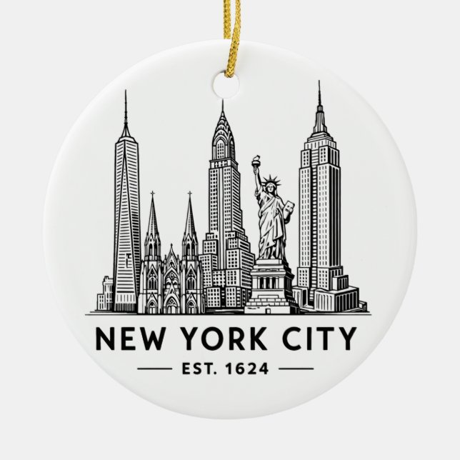 Ornamento De Cerâmica NYC Skyline Illustration with Statue of Liberty (Frente)
