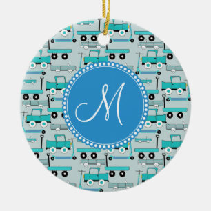Ornamento De Cerâmica O azul do monograma roda caminhões dos vagões do