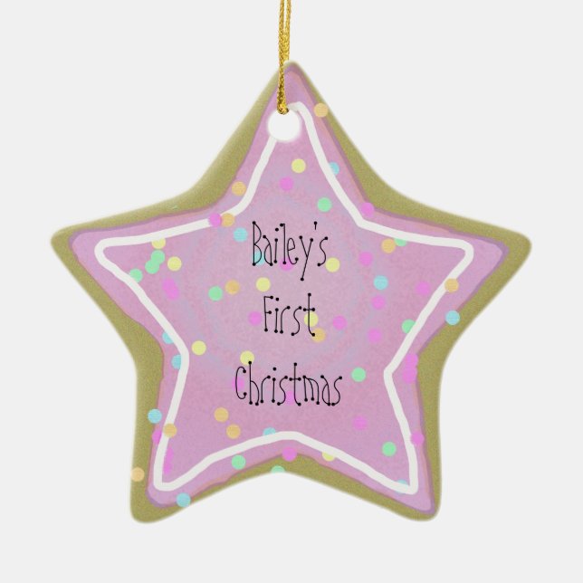 Ornamento De Cerâmica O biscoito da estrela do rosa de bebê com polvilha (Frente)