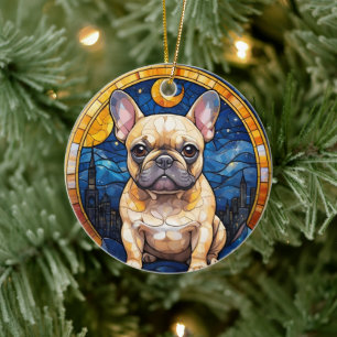 Ornamento De Cerâmica O Buldogue Francês Pastel Stainel Glass City Night