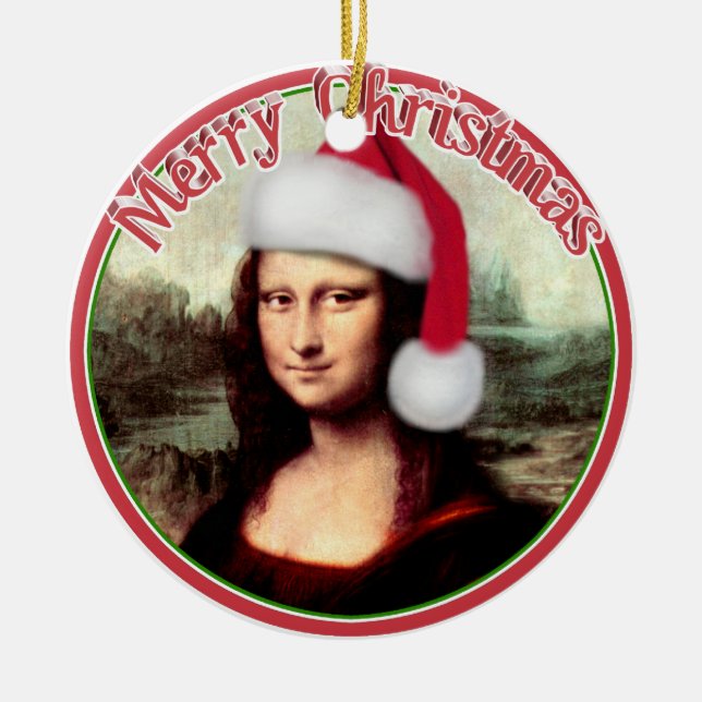 Ornamento De Cerâmica O Chapéu Natal de Mona Lisa (Frente)