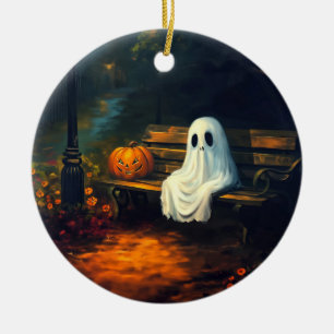Ornamento De Cerâmica O Companheiro de outubro Spooky Ghost & Pumpkin
