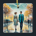 Ornamento De Cerâmica O Destino Nos Juntou<br><div class="desc">Bonito arte ai aquarela. Um homem e uma mulher que passam um pelo outro na rua esfregando as mãos enquanto passam. Uma reunião romântica.</div>