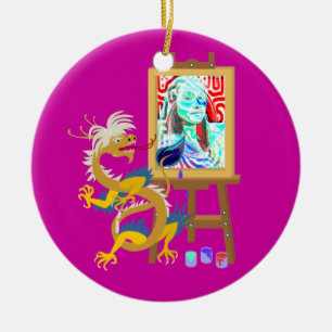 Ornamento De Cerâmica o dragão do artista pinta seu retrato no ornament