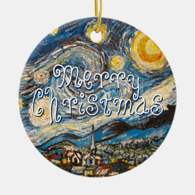 Ornamento De Cerâmica O Feliz Natal repintou a noite estrelado Van Gogh (Frente)