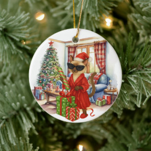 Ornamento De Cerâmica O gato está boxeando no Natal