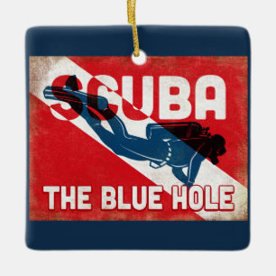 Ornamento De Cerâmica O mergulhador de mergulhador azul do furo - retro