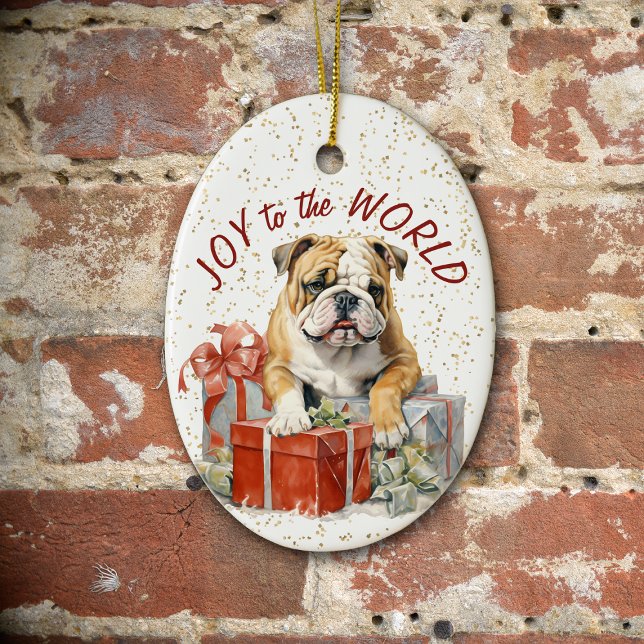 Ornamento De Cerâmica O Natal do Bulldog Oferece Alegria ao Mundo (Criador carregado)