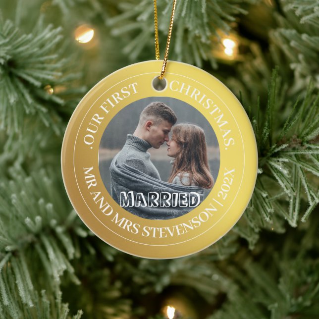 Ornamento De Cerâmica O nosso primeiro Natal, Sr. e Sra. Dourada Foto Mo (Árvore)