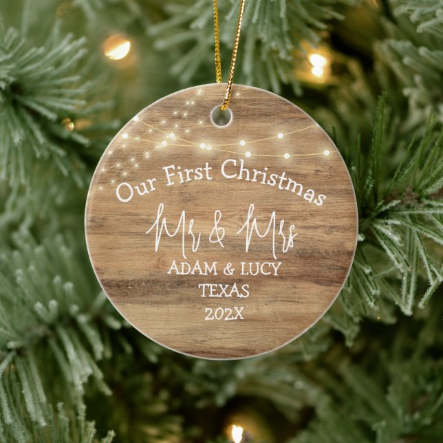 Ornamento De Cerâmica O nosso primeiro Natal, Sr. e Sra. madeira recém-c (Árvore)