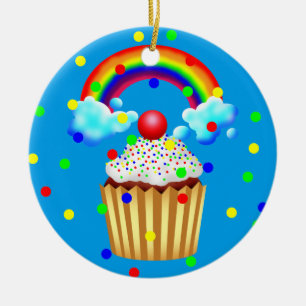 Ornamento De Cerâmica O partido do cupcake com arco-íris & polvilha