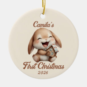 Ornamento De Cerâmica O primeiro coelhinho de Natal do Bebê Personalizad