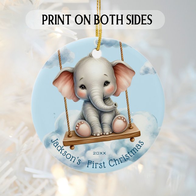 Ornamento De Cerâmica O Primeiro Elefante de Natal do Bebê no Swing (Criador carregado)