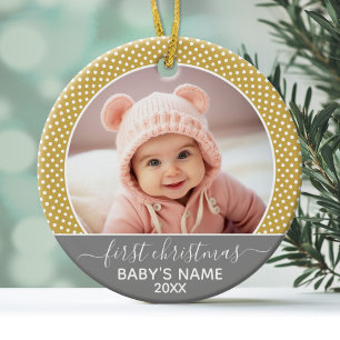 Ornamento De Cerâmica O Primeiro Natal do Bebê - bolinhas cinza amarelo