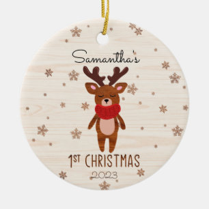 Ornamento De Cerâmica O Primeiro Natal do Bebê de Reindeer de Natal