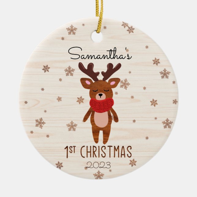 Ornamento De Cerâmica O Primeiro Natal do Bebê de Reindeer de Natal (Frente)