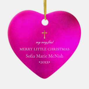 Ornamento De Cerâmica O Primeiro Natal do Bebê PixDezines, Rosa Quente