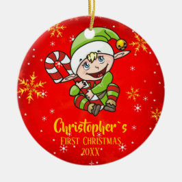 Ornamento De Cerâmica O Primeiro Natal do Elf Candy Cane Red