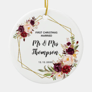 Ornamento De Cerâmica O Primeiro Natal Personalizado Casado como Sr. & S