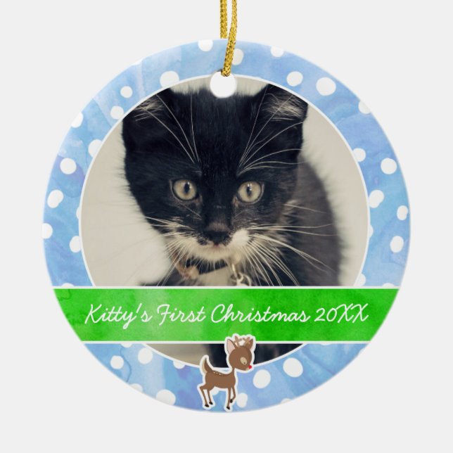 Ornamento De Cerâmica O primeiro Natal Rudolph do gatinho (Frente)