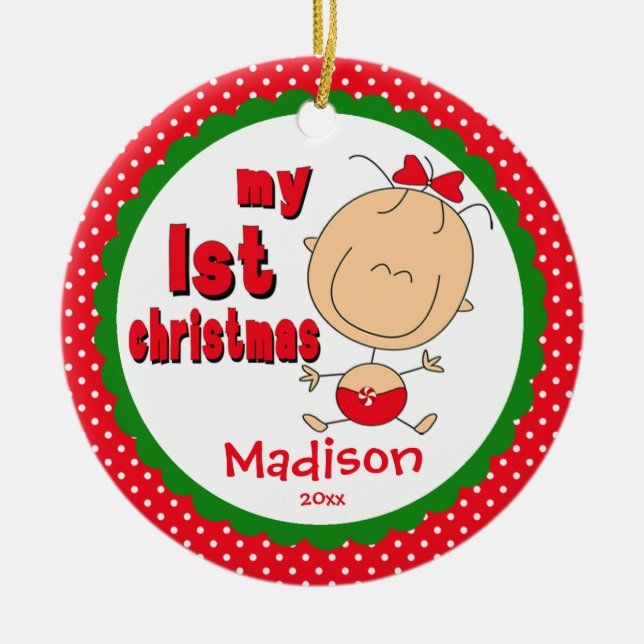 Ornamento De Cerâmica O primeiro palito de natal do bebê (Frente)
