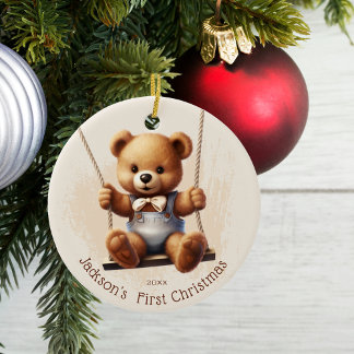 Ornamento De Cerâmica O primeiro Ursinho de Natal do bebê no Swing