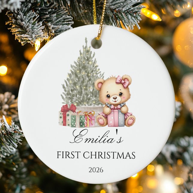Ornamento De Cerâmica O Primeiro Urso de Natal Personalizado do Bebê (Criador carregado)