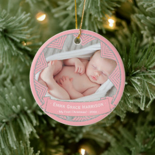 Ornamento De Cerâmica O rosa dos bebés cora foto personalizada do Natal
