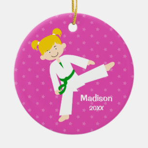 Ornamento De Cerâmica O rosa Stars a menina loura de Taekwondo