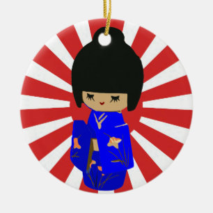 Ornamento De Cerâmica O solteiro azul da boneca de Kawaii Kokeshi tomou