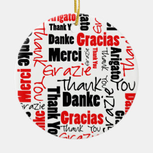 Ornamento De Cerâmica Obrigado multilingue preto vermelho você