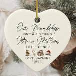 Ornamento De Cerâmica Obrigado Personalizado, Presente, Melhor Amigo De<br><div class="desc">Mostre seu apreço por um amigo valioso com o Ornamento de Cerâmica de Natal Personalizado. Formado como um coração e personalizado com uma mensagem especial, este ornamento é uma forma perfeita de honrar sua amizade de longa data durante o feriado. A sua elegante design faz dela um guardião ideal para...</div>