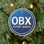 Ornamento De Cerâmica OBX Personalizado Outer Banks North Carolina Beach<br><div class="desc">Personalizado OBX Outer Banks North Carolina,  ornamento de etiquetas de praia. Letras azuis e brancas do oceano. *</div>