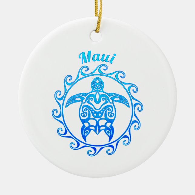 Ornamento De Cerâmica Ocean Blue Tribal Turtle Maui (Frente)