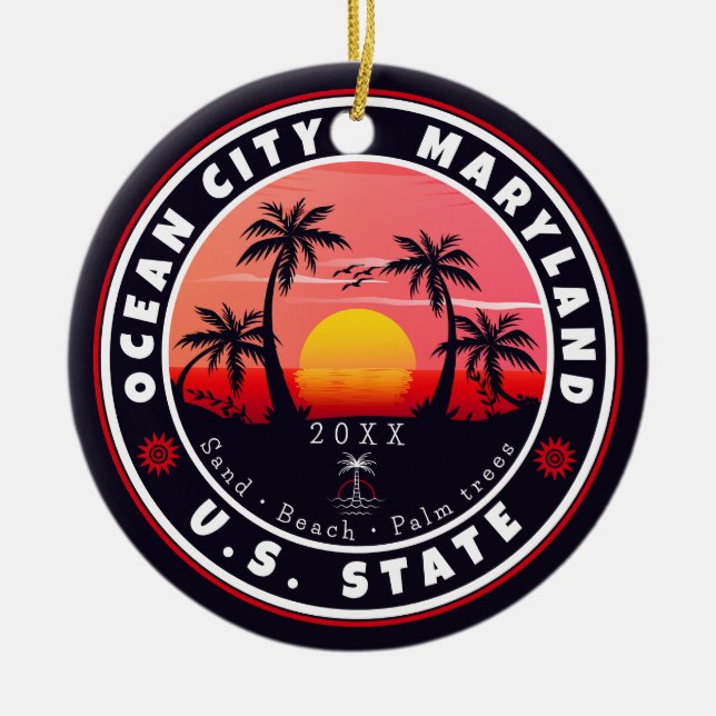 Ornamento De Cerâmica Ocean City Maryland Retro Sunset Souvenirs 80s (Frente)