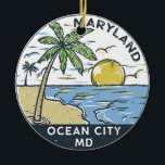 Ornamento De Cerâmica Ocean City Maryland Vintage<br><div class="desc">Ilustração desenhada à mão de Ocean City com palmeiras e ondas ao fundo. Perfeito para quem ama visitar Ocean City.</div>