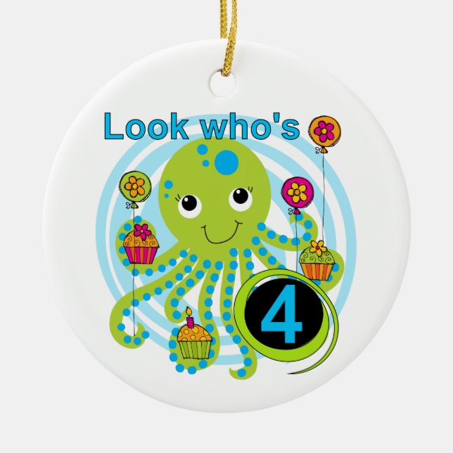 Ornamento De Cerâmica Octopus 4th Birthday T shirts e presentes (Frente)
