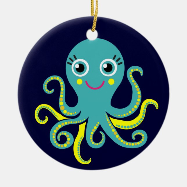 Ornamento De Cerâmica Octopus azul e amarelo (Frente)