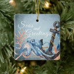 Ornamento De Cerâmica Octopus Beach personalizado e saudações<br><div class="desc">Seas e Saudações Aquarela Octopus e Anchor Sea Life NMaritime Beach Natal Cerâmica Ornament - Pode ser personalizado com um nome,  ano ou qualquer texto que você queira adicionar. Obrigados para passar!</div>