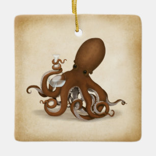 Ornamento De Cerâmica Octopus Com Cientista Neo-Vitoriano De Vidro