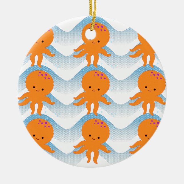 Ornamento De Cerâmica Octopus Laranja E Padrão De Ondas Azuis (Frente)