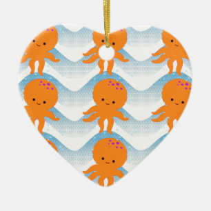 Ornamento De Cerâmica Octopus Laranja E Padrão De Ondas Azuis