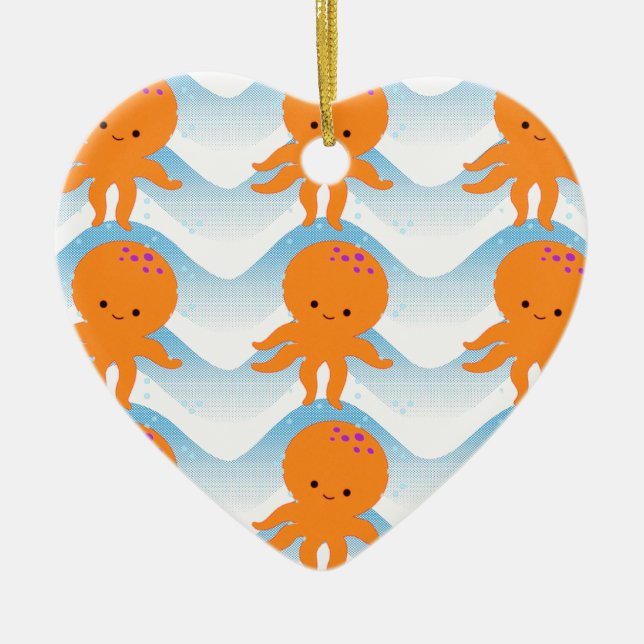 Ornamento De Cerâmica Octopus Laranja E Padrão De Ondas Azuis (Frente)