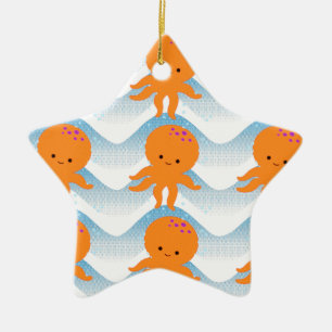 Ornamento De Cerâmica Octopus Laranja E Padrão De Ondas Azuis