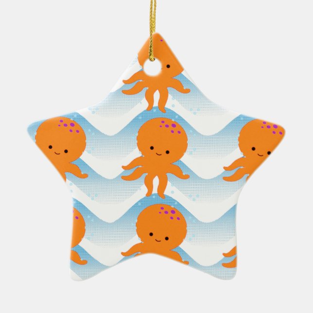 Ornamento De Cerâmica Octopus Laranja E Padrão De Ondas Azuis (Frente)