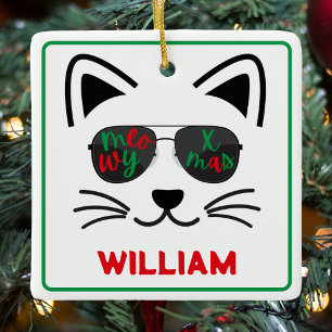 Ornamento De Cerâmica Óculos de sol de natal, gatinho, branco