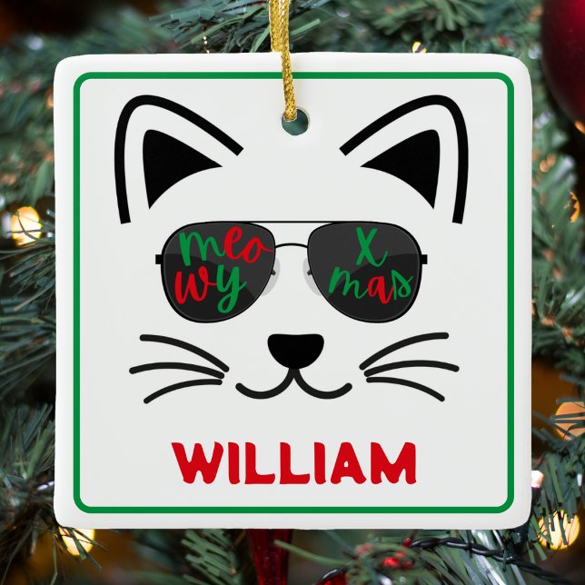 Ornamento De Cerâmica Óculos de sol de natal, gatinho, branco (Meowy Christmas Sunglasses Kitty Cat White Ceramic Ornament)