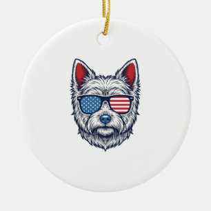 Ornamento De Cerâmica Óculos de Sol Patrióticos de Cachorro Westie Arte